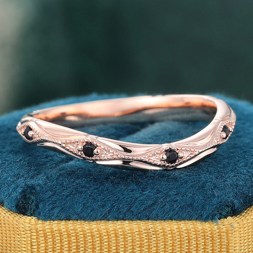 Juyoyo Vintage Black Onyx Wedding Band Rose Gold Stacking Ring for Women & Men