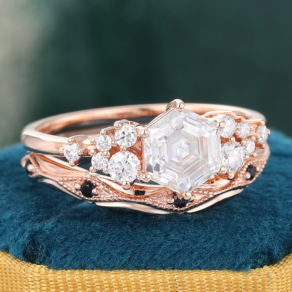 Juyoyo Vintage Moissanite Bridal Ring Set with Black Onyx Wedding Band Set - 2pcs