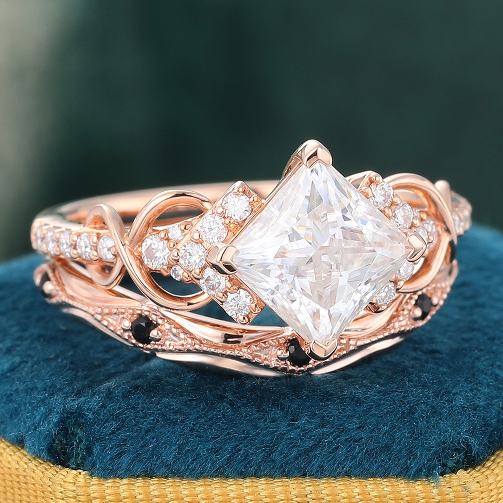 Juyoyo Princess Cut Moissanite Wedding Ring Set with Black Onyx Stacking Ring Set - 2pcs