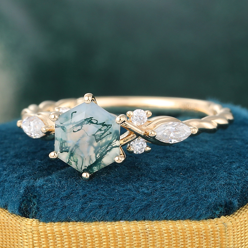 Juyoyo Vintage Hexagon Moss Agate Twisted Engagement Ring with Diamond Accents