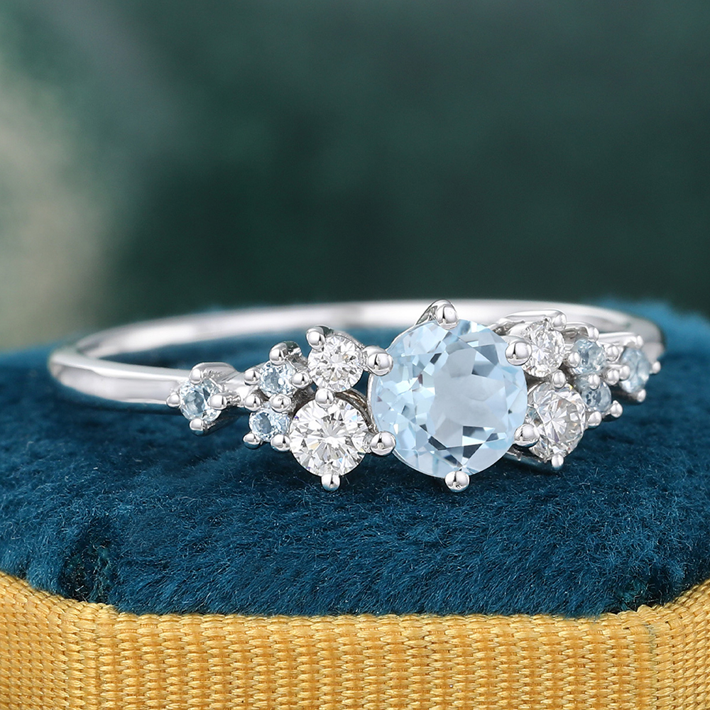 Juyoyo Round Aquamarine Engagement Ring with Diamond & Aquamarine Cluster Ring