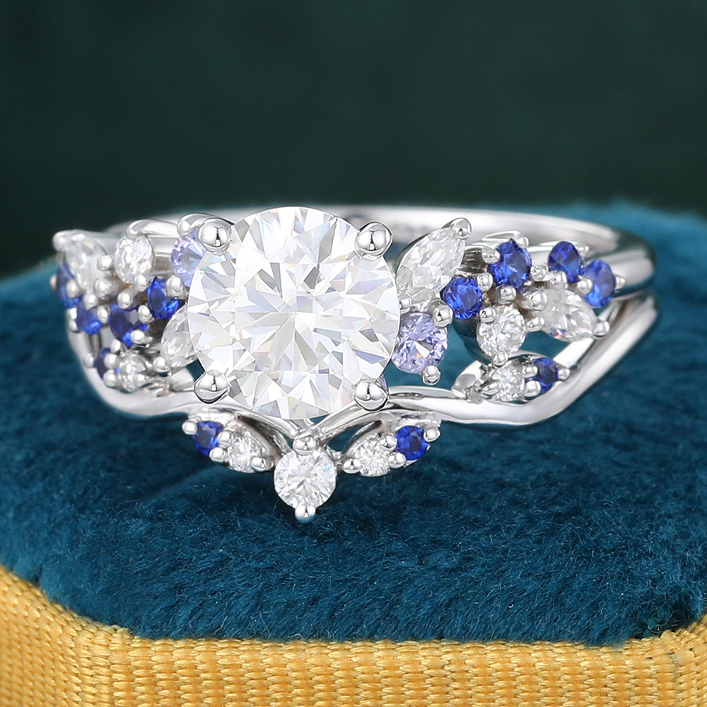 Juyoyo Round Cut Moissanite Bridal Ring Set Sapphire & Tanzanite Accented Engagement Ring