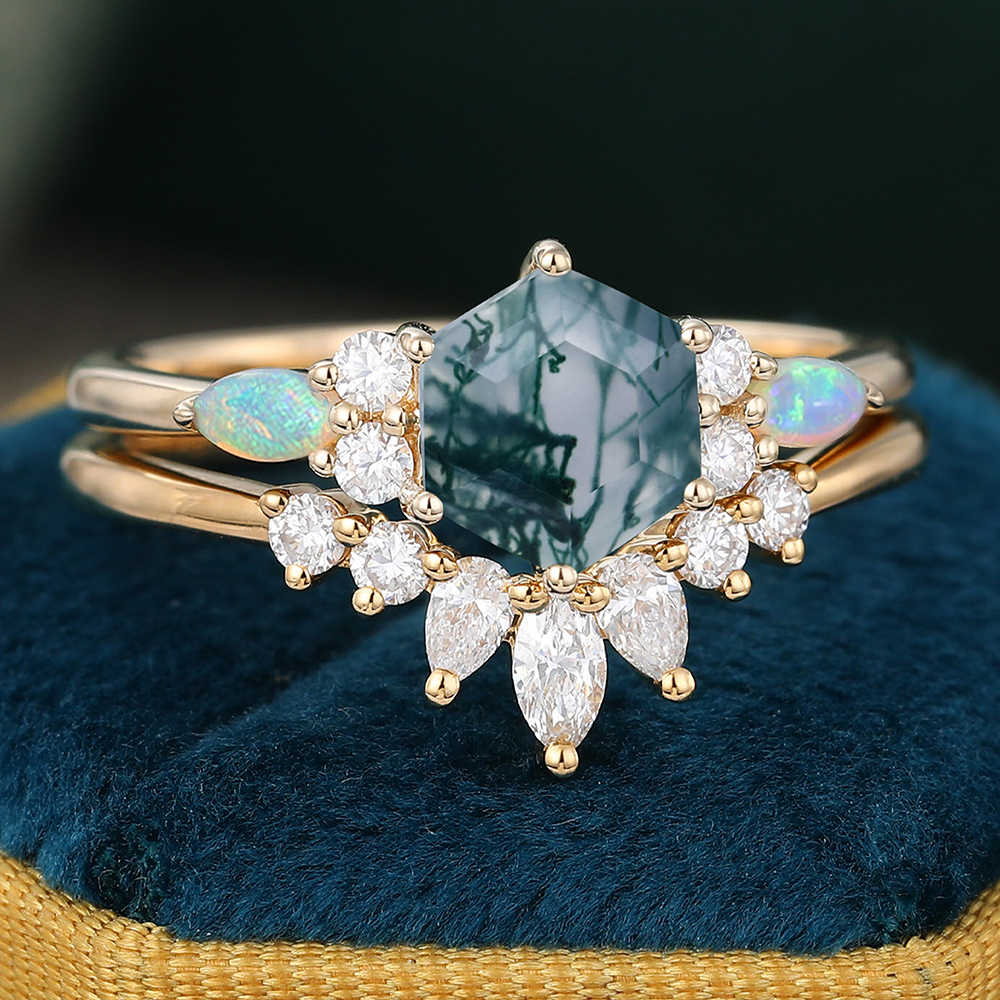 Juyoyo Juyoyo 14K Yellow Gold Hexagon Cut Moss Agate Wedding Ring Set - 2pcs Bridal Ring Set