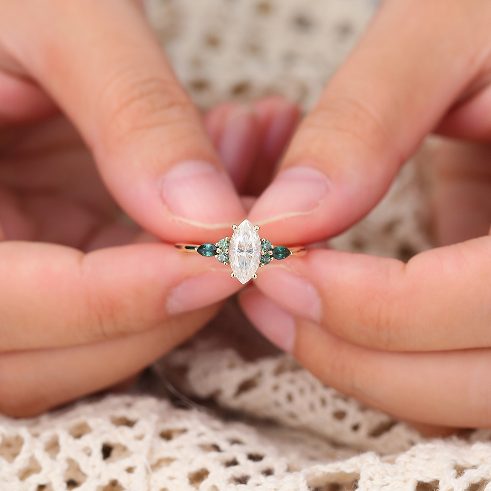 Moissanite & Green Blue Sapphire Engagement Ring Yellow Gold Cluster Bridal Ring for Women