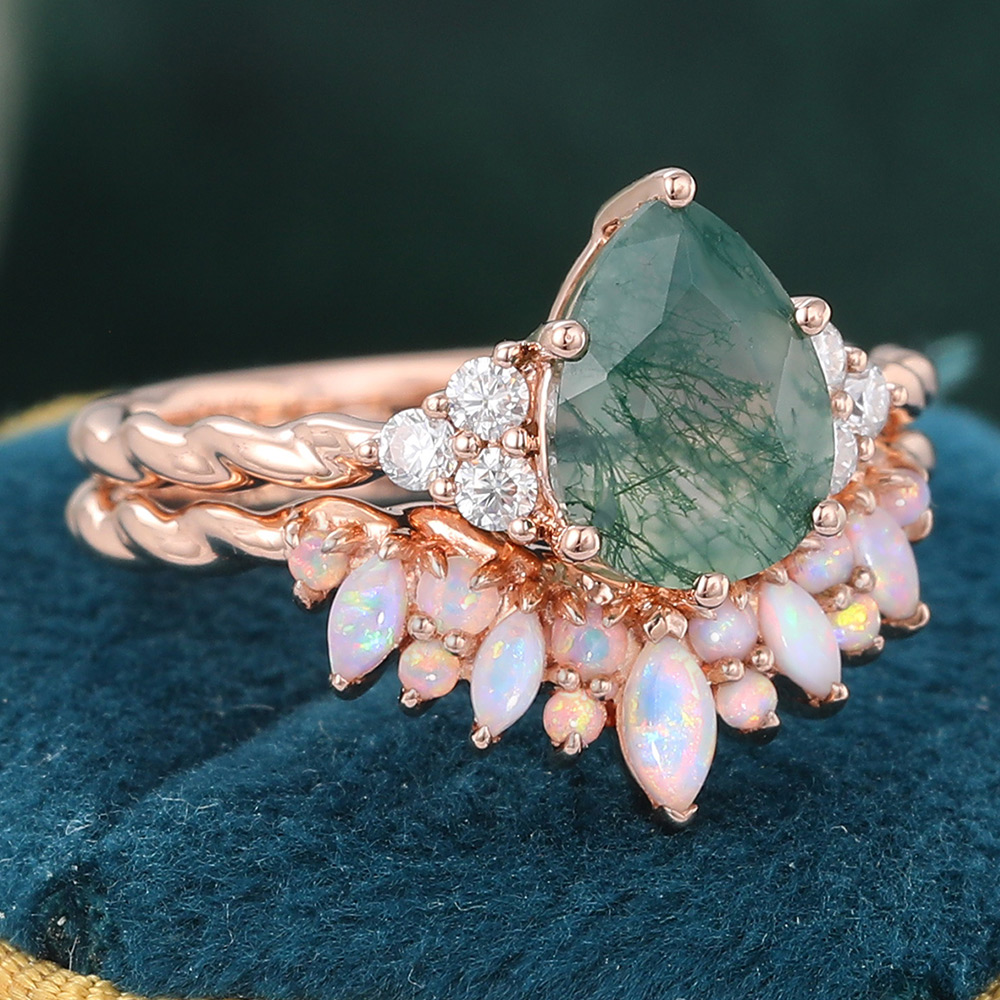 Juyoyo Pear Moss Agate Engagement Ring and Opal Wedding Band