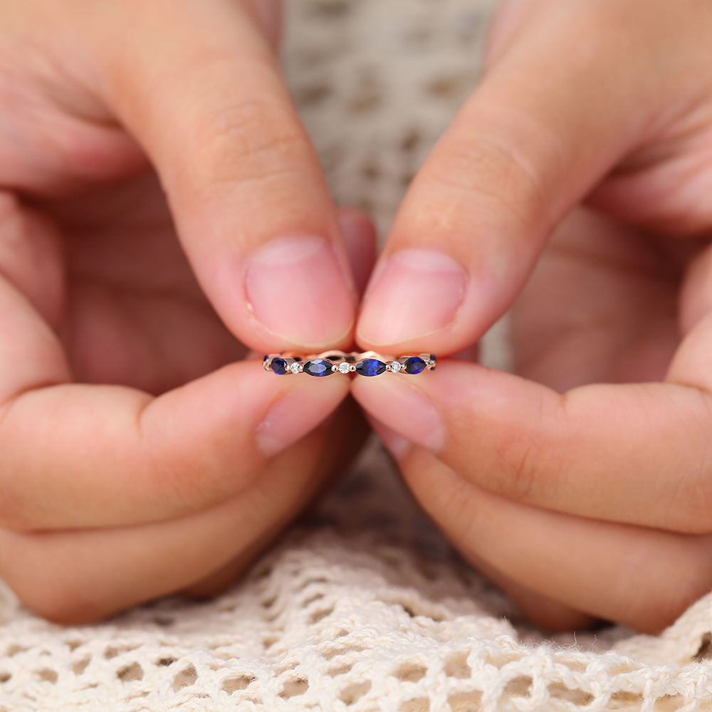 Sapphire & Diamond Eternity Wedding Band Rose Gold Stacking Ring September Birthstone