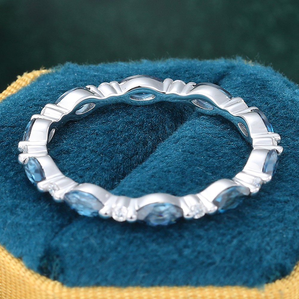 Juyoyo Marquise Cut London Blue Topaz White Gold Stacking Eternity Wedding Band
