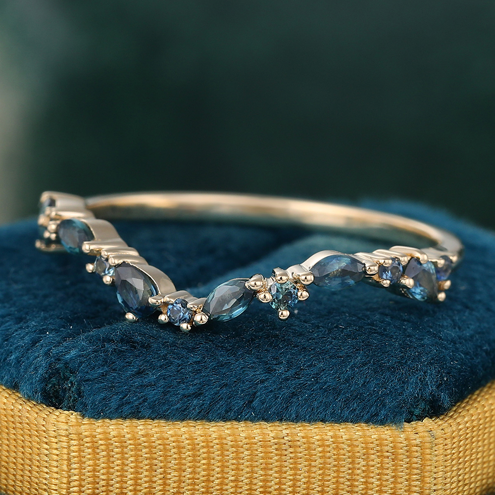 Delicate Green Blue Sapphire Wedding Band Curved Stacking Ring