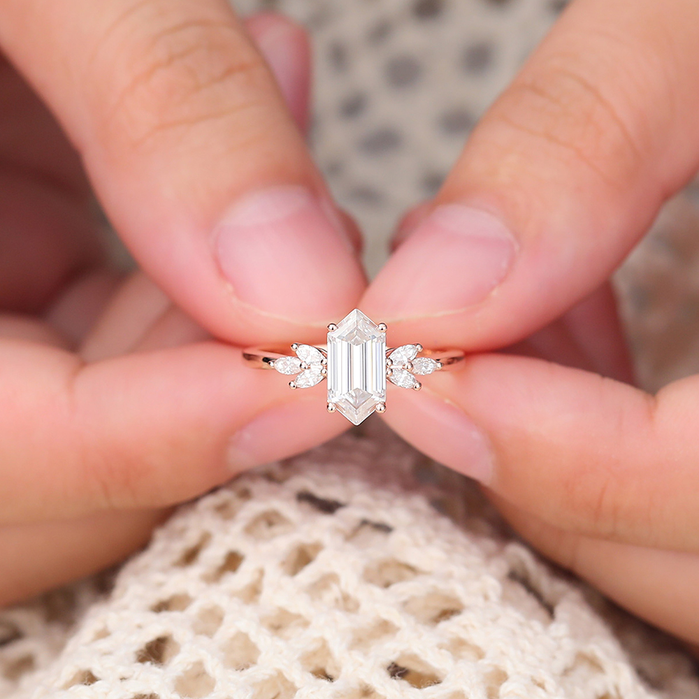 Juyoyo Elongated Hexagon Cut Moissanite Engagement Ring Rose Gold Bridal Ring for Women