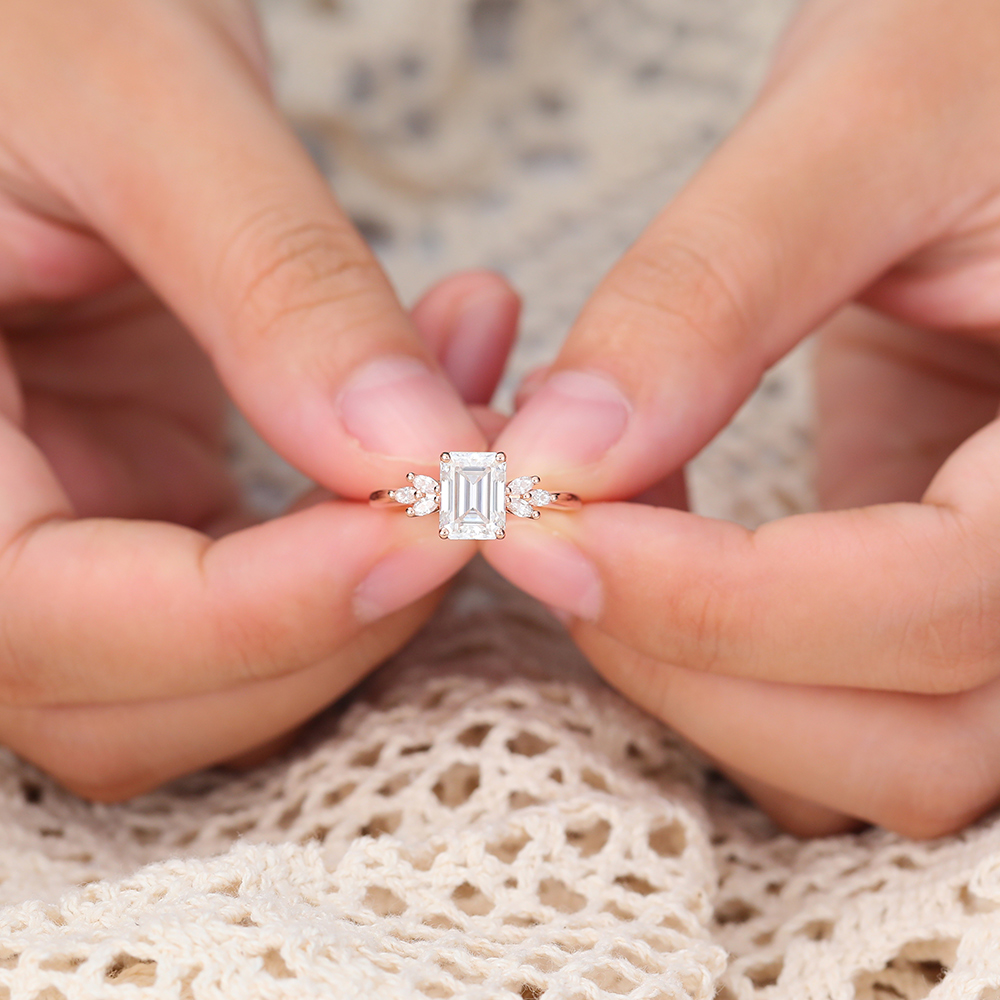 Juyoyo Vintage Emerald Cut Moissanite Engagement Ring Diamond Accents Bridal Ring