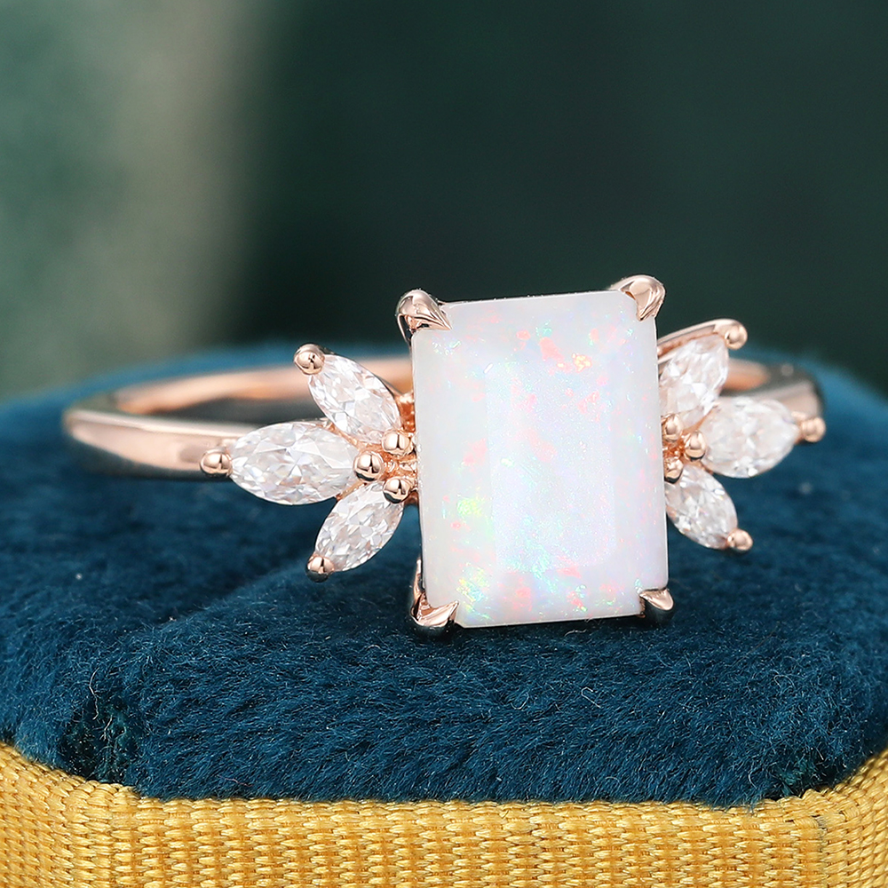 Emerald Cut Opal Engagement Ring Diamond Cluster Ring Women's Anniversary Gift