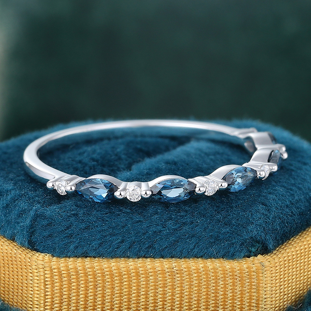 Juyoyo Marquise Cut London Blue Topaz White Gold Stacking Half Eternity Wedding Band
