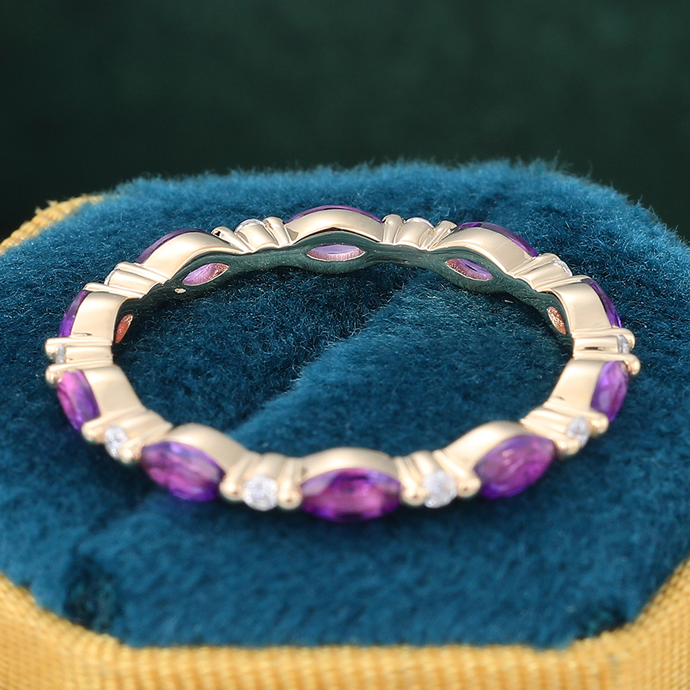 Juyoyo Marquise Cut Amethyst Yellow Gold Stacking Eternity Wedding Band