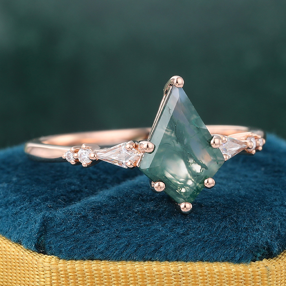 Kite Cut Moss Agate Engagement Ring with Diamond Accents in Rose Gold