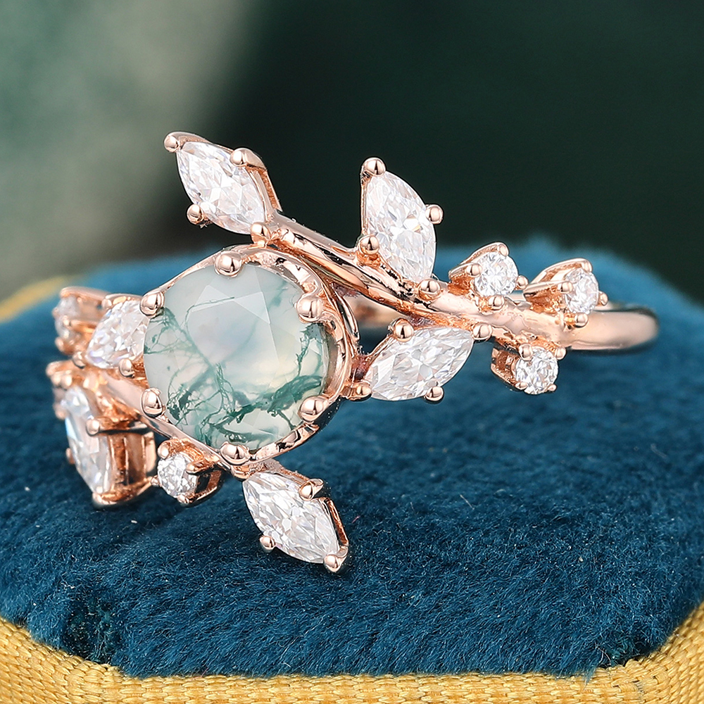 Juyoyo Nature Inspired Round Moss Agate Ring Rose Gold