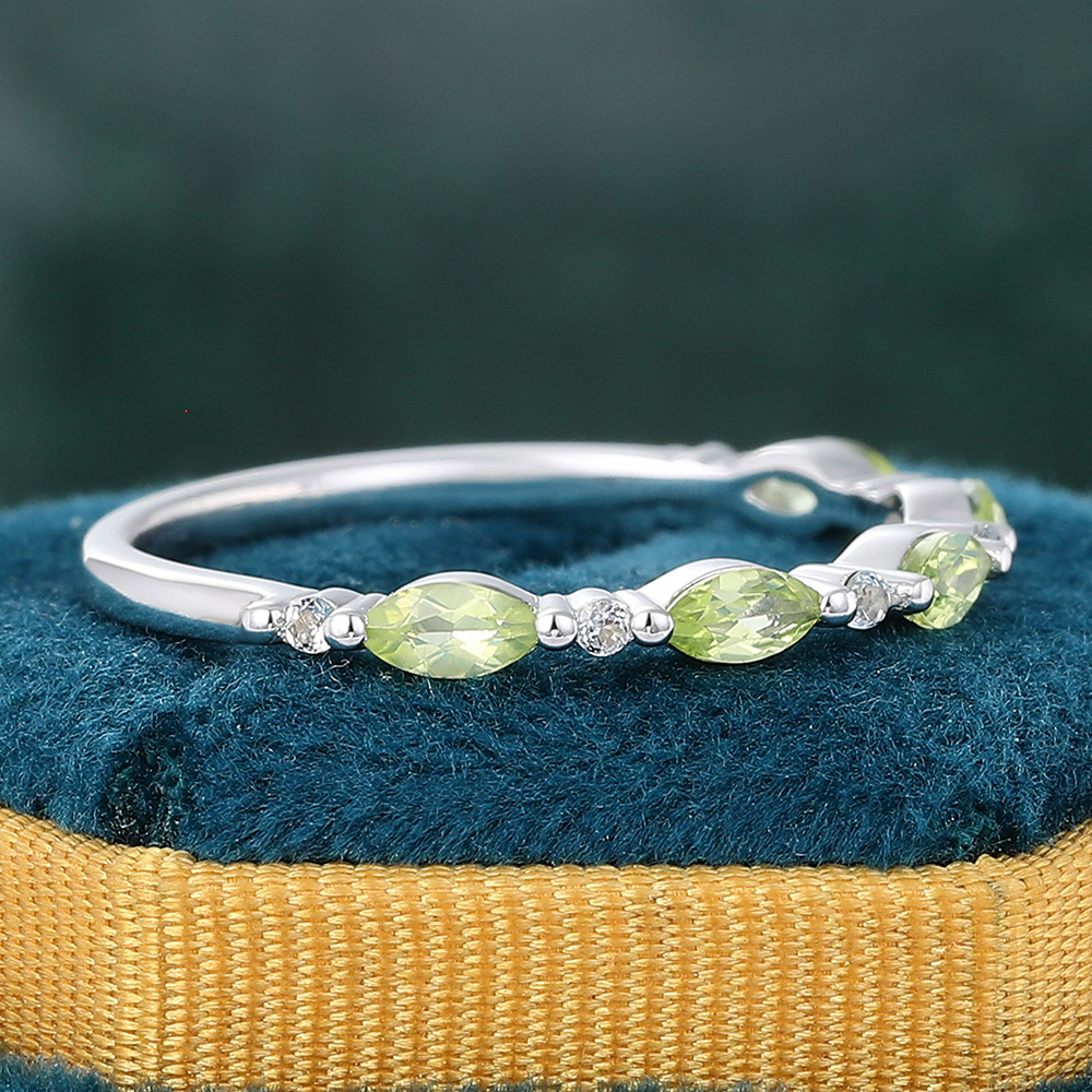 Juyoyo Marquise Cut Peridot White Gold Stacking Half Eternity Wedding Band