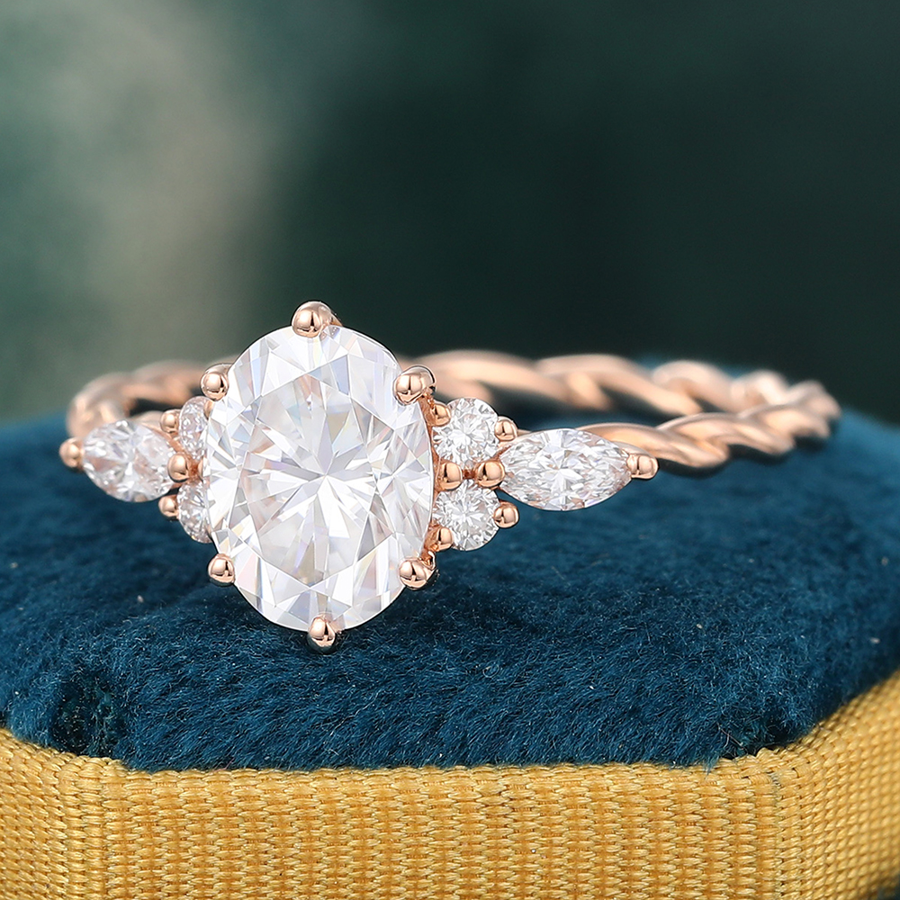 Juyoyo oval cut moissanite rose gold twisted engagement ring