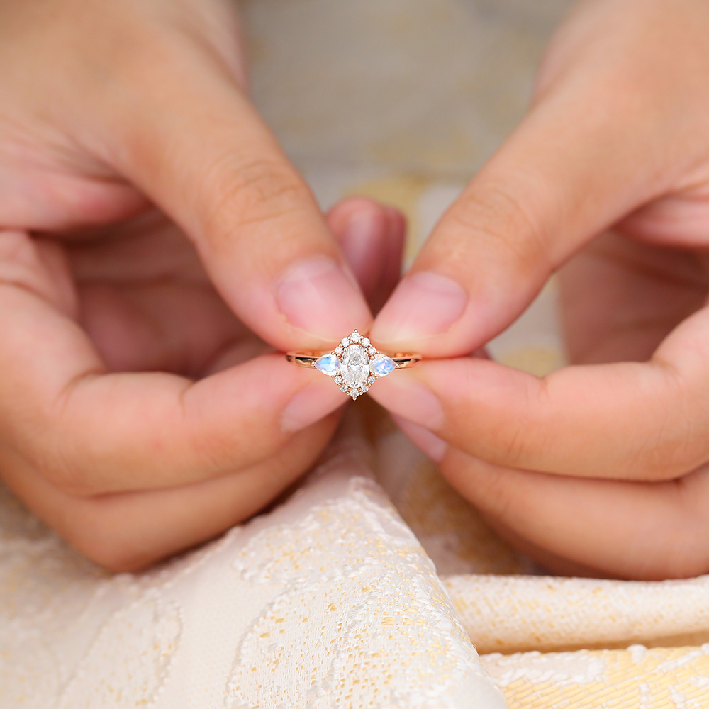 Juyoyo Oval Cut Moissanite Rose Gold Moonstone Engagement Ring