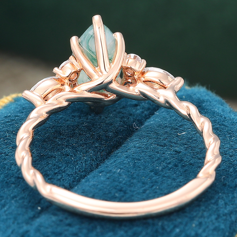 Juyoyo Marquise Cut Moss Agate Ring Twisted Rose Gold