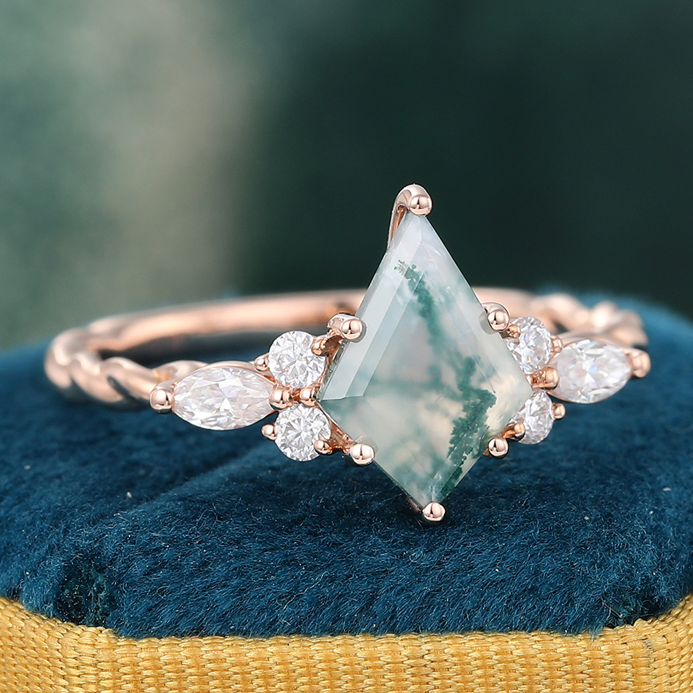 Kite Cut Moss Agate Ring Twisted Unique Engagement Ring in Rose Gold