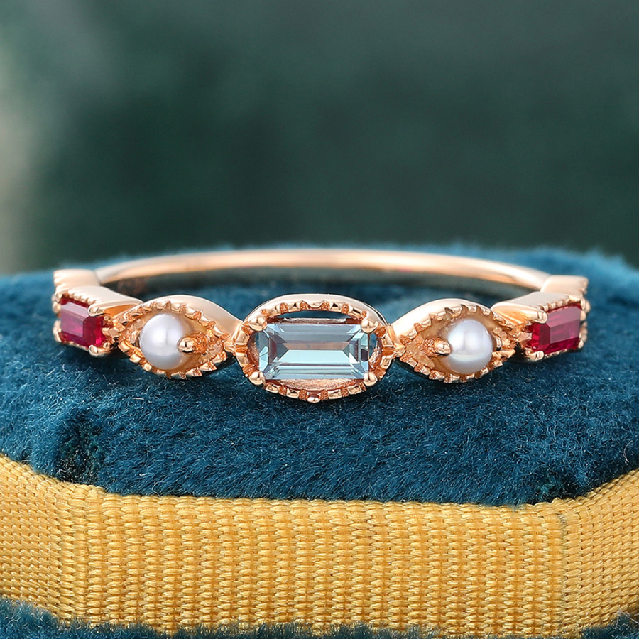 Multi Gemstone Ring Lab Alexandrite & Ruby & Pearl Ring
