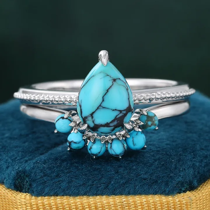 Vintage Turquoise Ring Set 14K White Gold Wedding Ring Set December Birthstone Gift - 2pcs