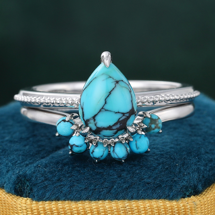 Vintage Turquoise Ring Set 14K White Gold Wedding Ring Set December Birthstone Gift - 2pcs