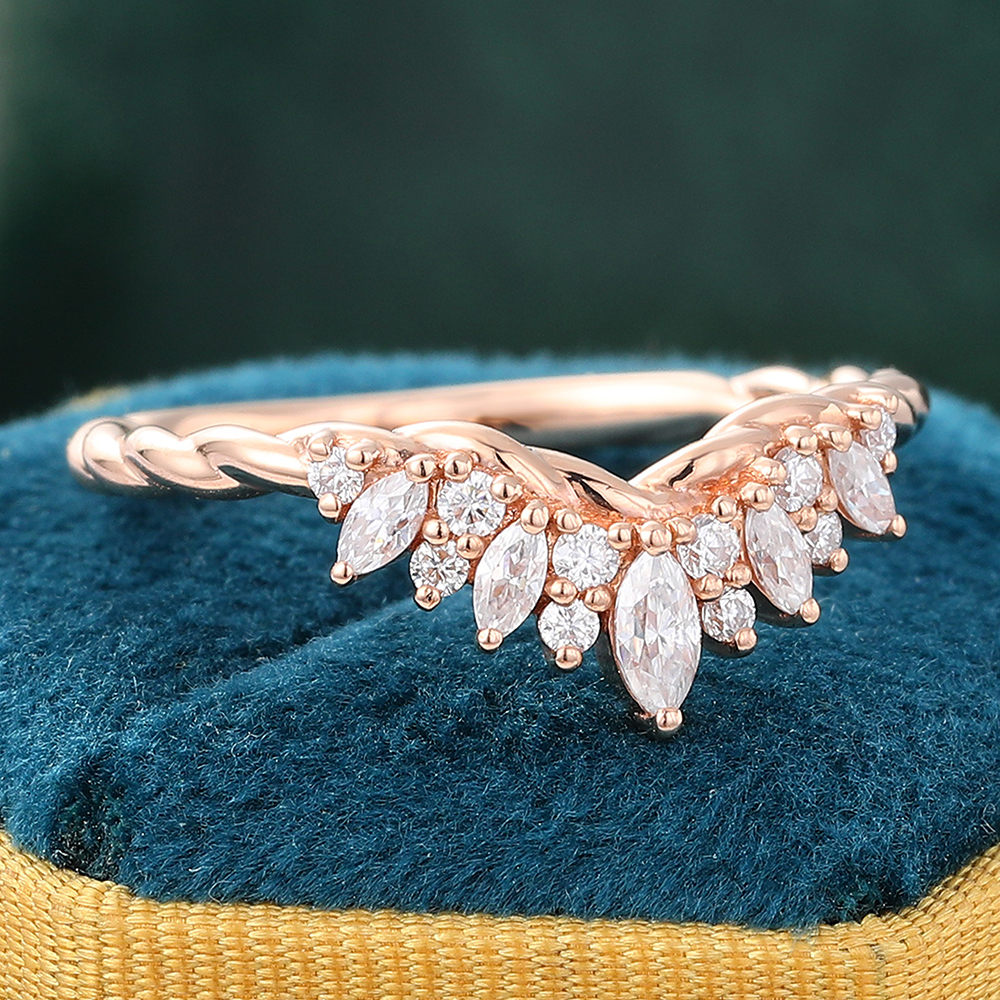 Juyoyo Marquise Cut Moissanite Rose Gold Curved Twisted Wedding Band
