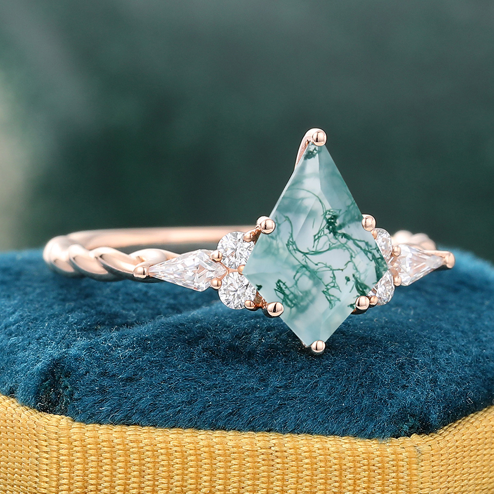 Kite Shaped Moss Agate Twisted Engagement Ring