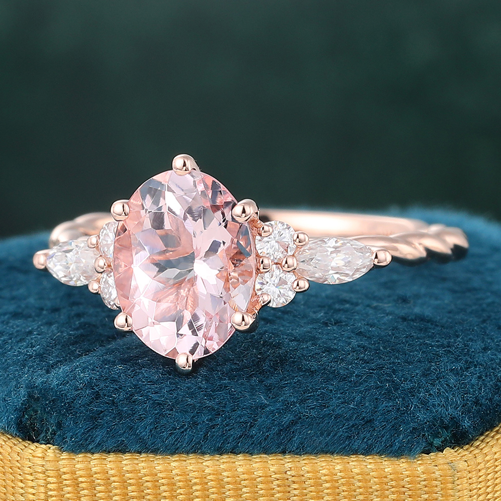 Juyoyo Twisted Oval Cut Morganite Side Stone Engagement Ring with Diamond Accents