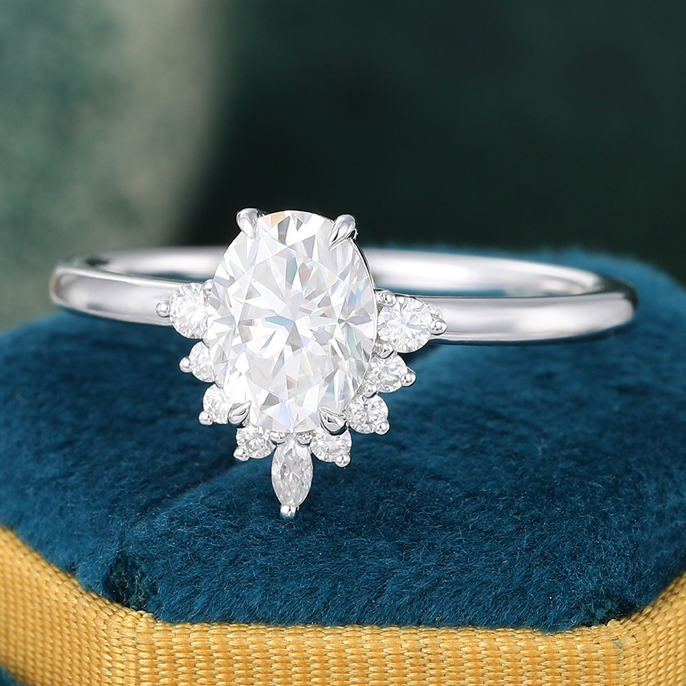 Juyoyo Oval Moissanite White Gold Cluster Engagement Ring