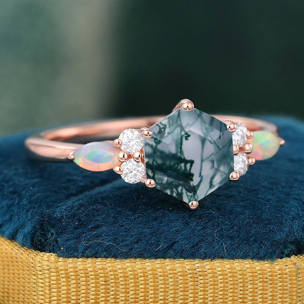 1ct hexagon cut green moss agate engagement ring 14k rose hot gold sterling silver marquise cut diamond alexandrite anniversary ring for women