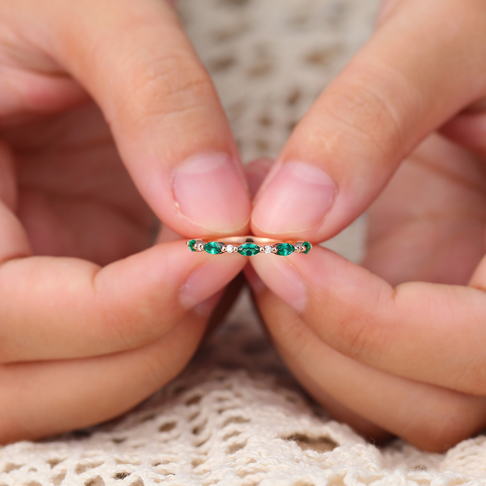 Juyoyo Marquise Cut Emerald Rose Gold Stacking Half Eternity Wedding Band