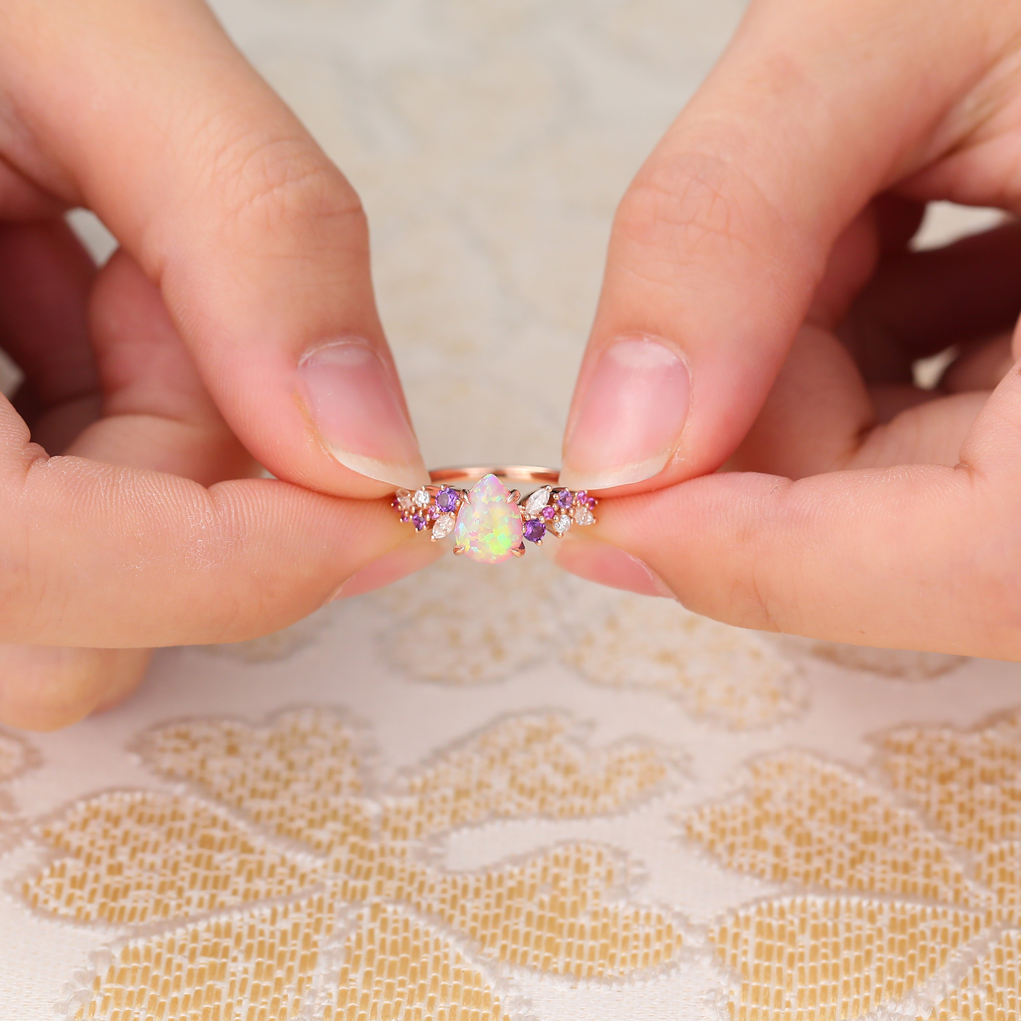 Juyoyo Pear Shaped Pink Opal Engagement Ring Sapphire Amethyst Moissanite Accents Wedding Ring