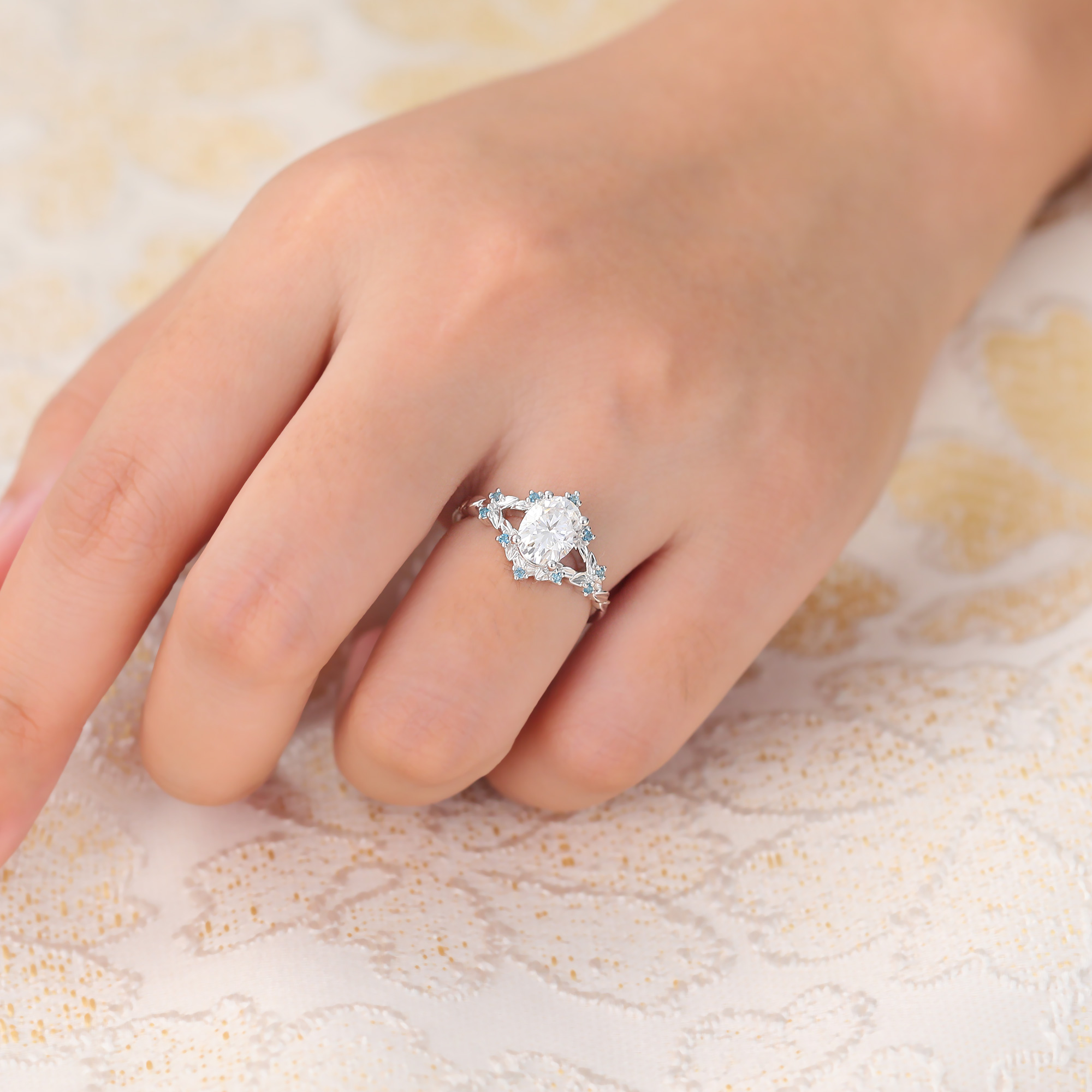 Juyoyo Oval Moissanite Engagement Ring Olive Leaves London Blue Topaz Accents Bridal Ring