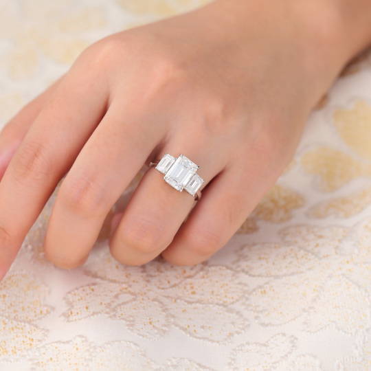 Emerald Cut Moissanite Three Stone Engagement Ring 14K White Gold Bridal Ring for Women