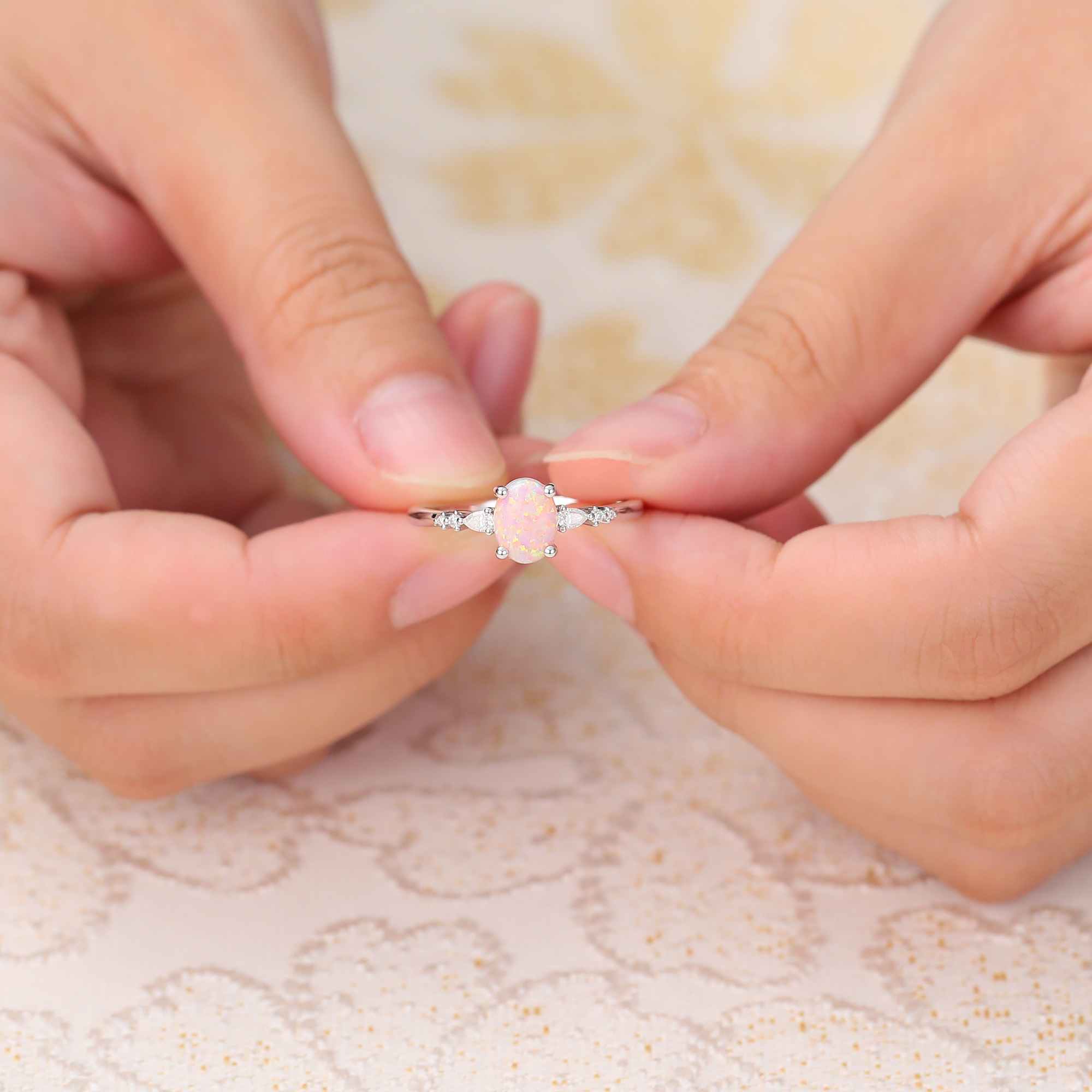 Juyoyo Simple 6*8mm Oval Cut Lab Pink Opal Engagement Ring with Diamond Accents