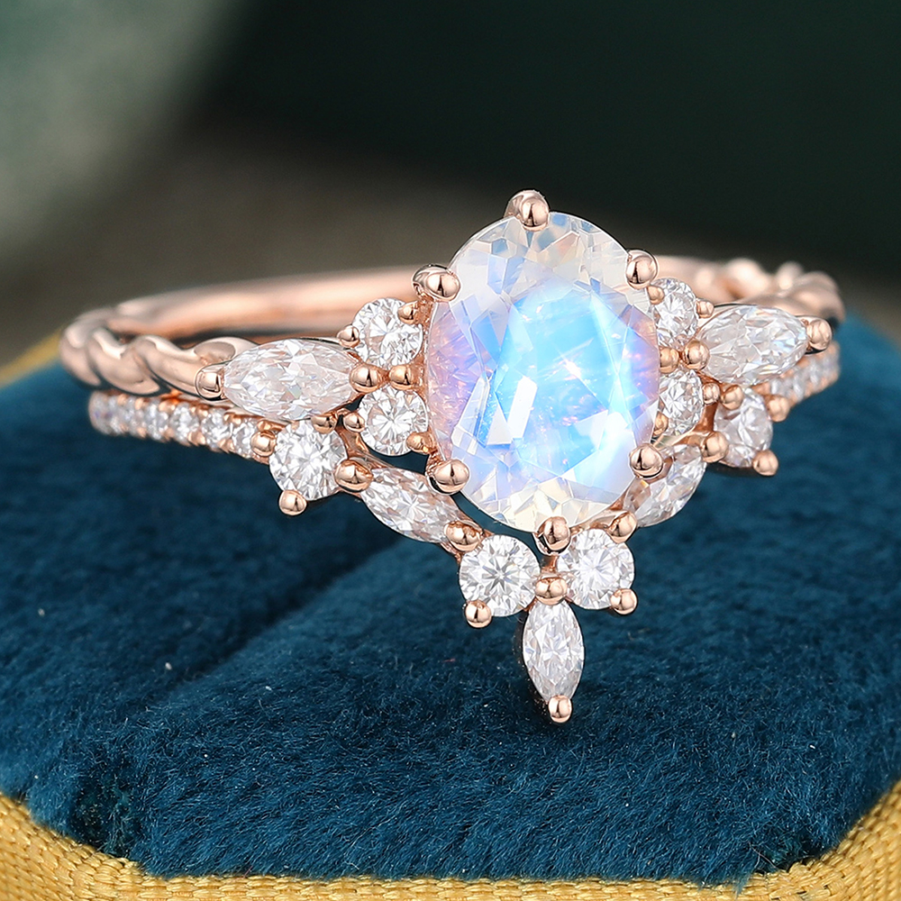 Juyoyo Exquisite Oval Moonstone & Moissanite Wedding Ring Set - 2pcs Bridal Ring Set