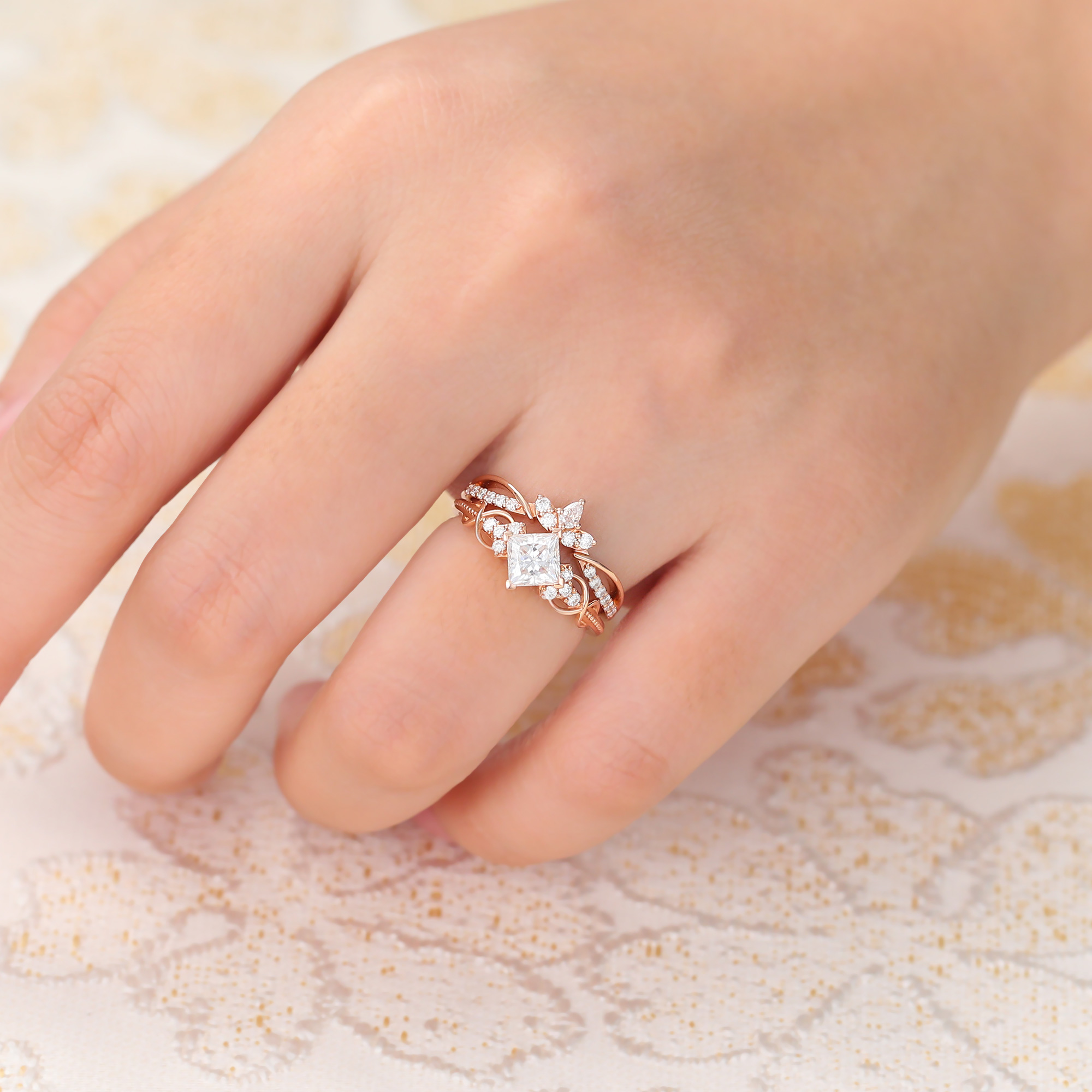 Juyoyo Vintage Moissanite Bridal Ring Set Infinity Wedding Ring Set 14K Rose Gold