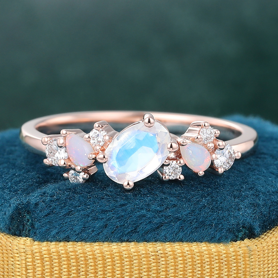 Exquisite Multi-stone Oval Moonstone Cluster Ring with Opal and Moissanite Accents