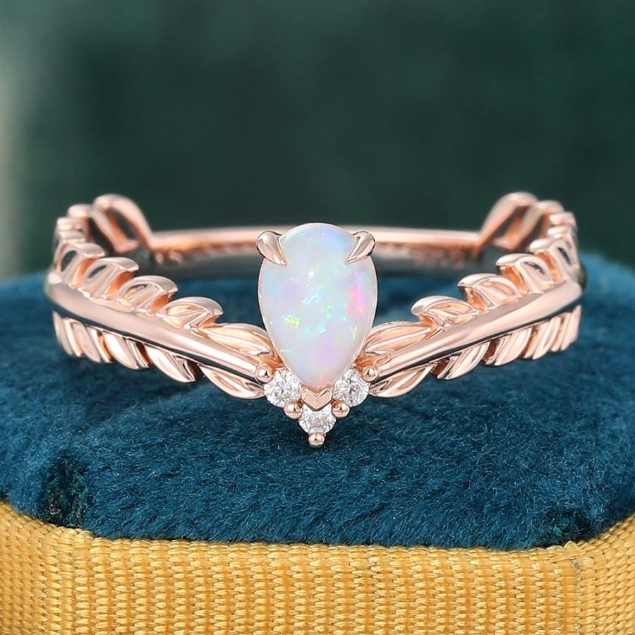 Signature V Teardrop Opal Leaf Inspired Engagement Ring with Diamond Accents