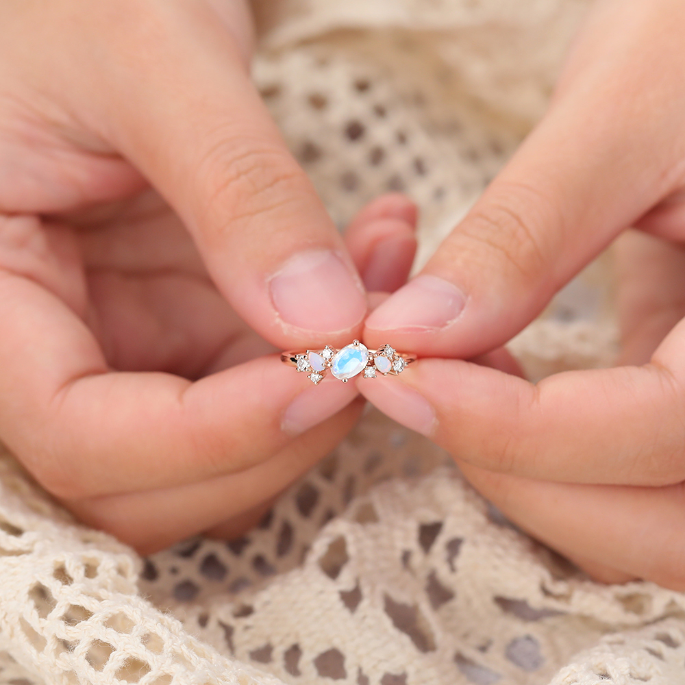 Juyoyo Exquisite Multi-stone Oval Moonstone Cluster Ring with Opal and Diamond Accents