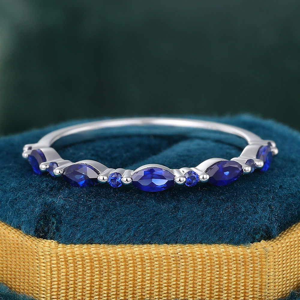 Juyoyo Marquise Cut Sapphire White Gold Stacking Half Eternity Wedding Band
