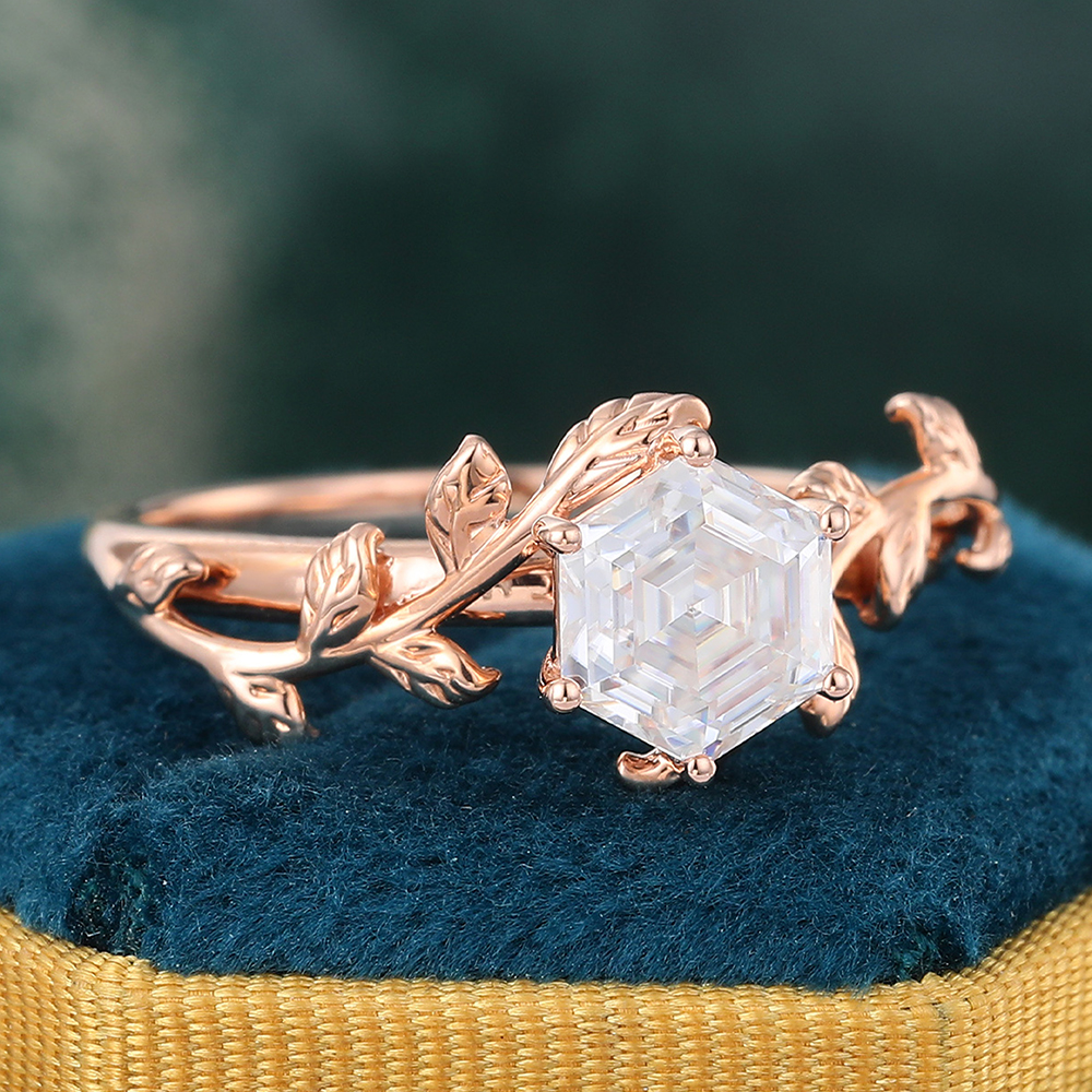 Juyoyo Hexagon Cut Moissanite Engagement Ring Rose Gold Nature Inspired Bridal Ring