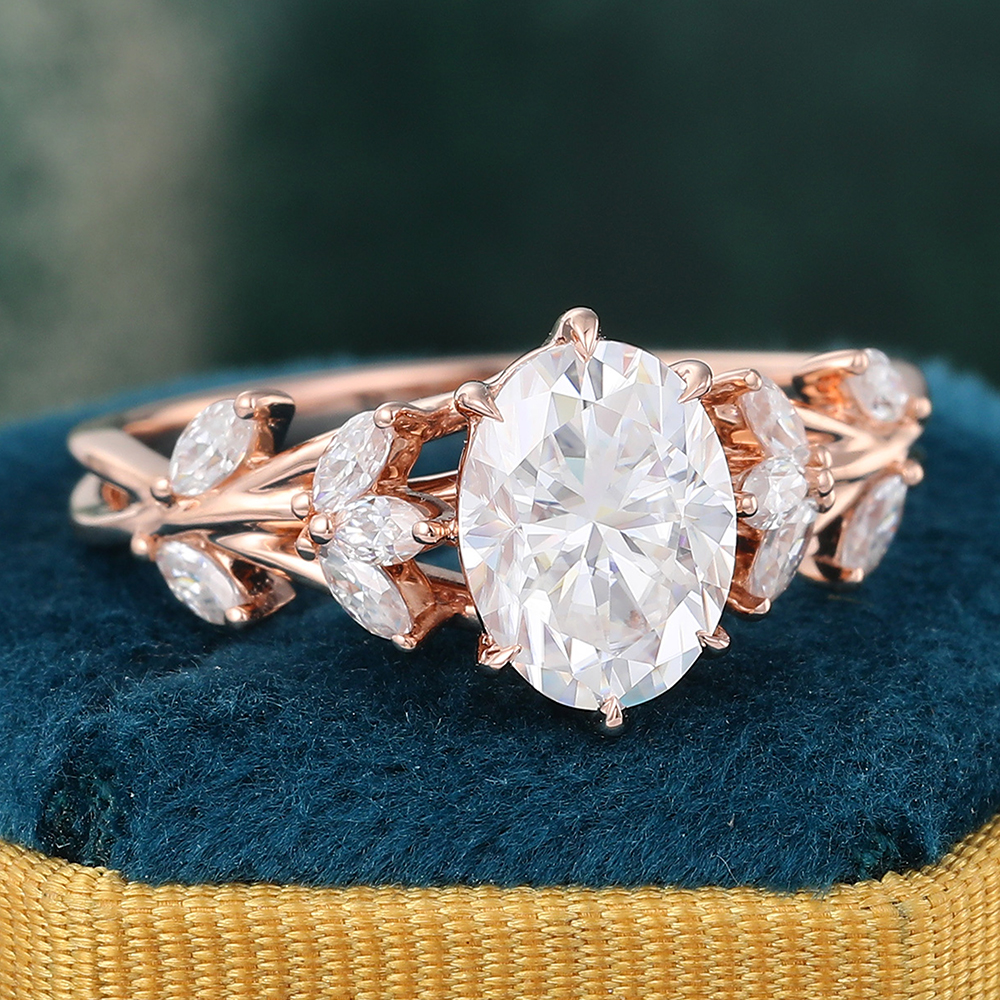 Juyoyo Oval Cut Moissanite Engagement Ring Vine Leafy Bridal Ring Rose Gold Promise Ring