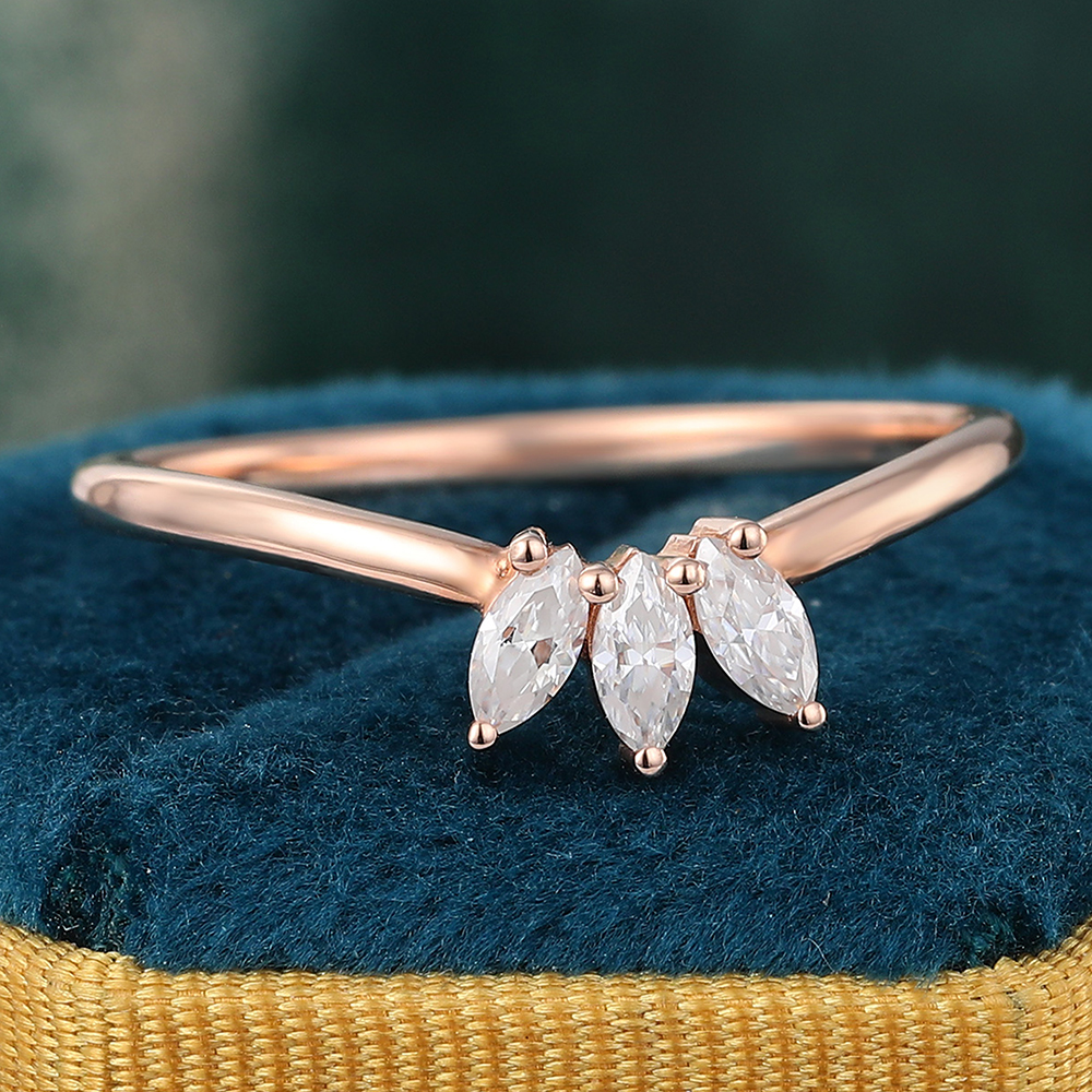 Juyoyo Crown Moissanite Tiara Wedding Band Three Stone Stacking Ring Rose Gold Curved Band