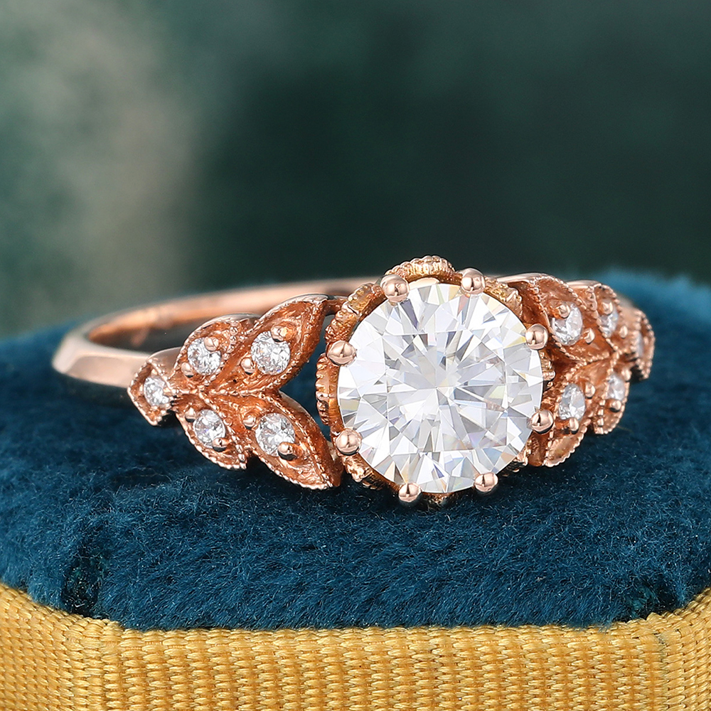 Juyoyo Round Cut Moissanite Engagement Ring Nature Inspired Antique Navette Diamond Ring