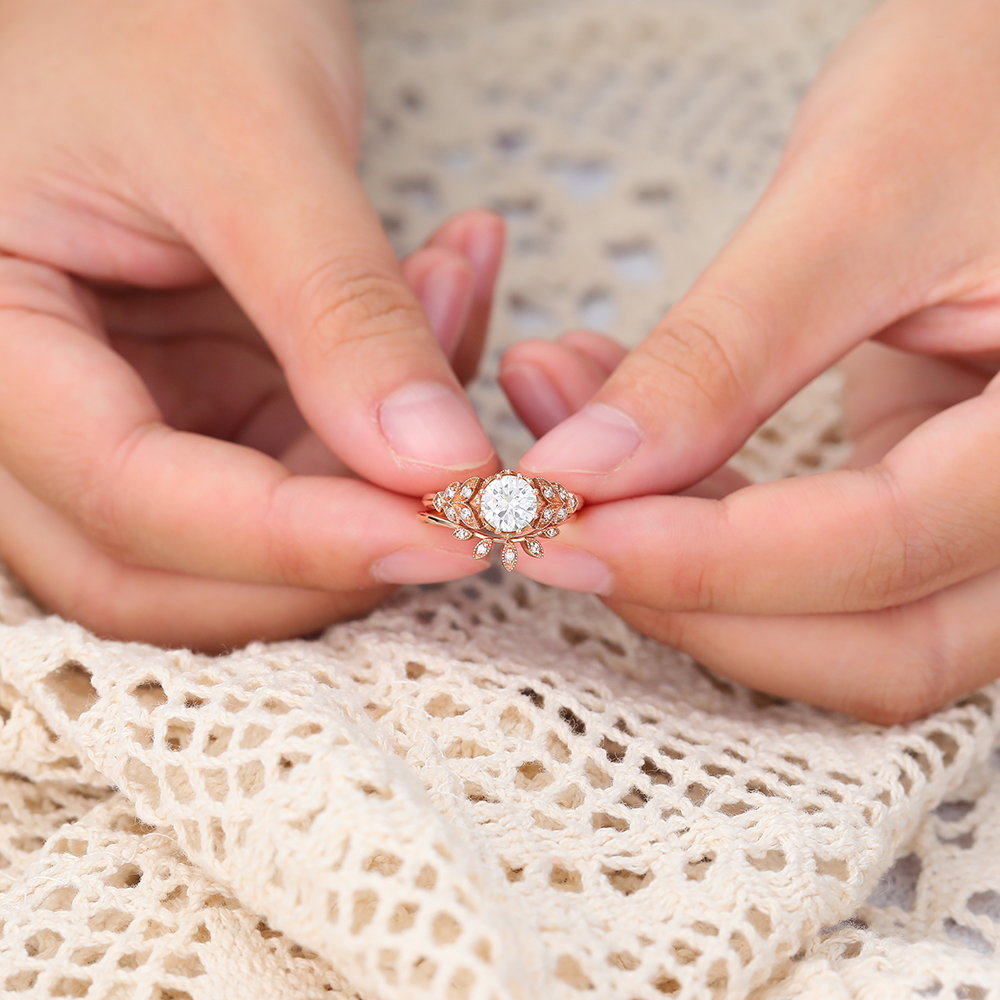 Juyoyo Antique Navette Engagement Ring Set Moissanite Bridal Ring Set in 14K Rose Gold - 2pcs