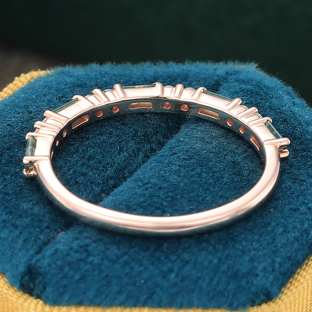 Juyoyo Simple Baguette Moss Agate and Round Moissanite Anniversary Wedding Band