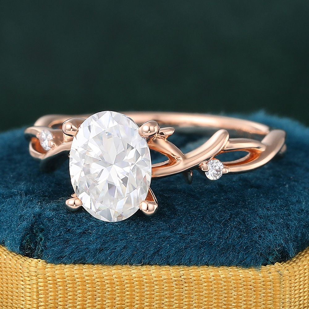 Juyoyo Nature Inspired Oval Cut Moissanite Engagement Ring Twig Vine Bridal Ring in 14K Rose Gold